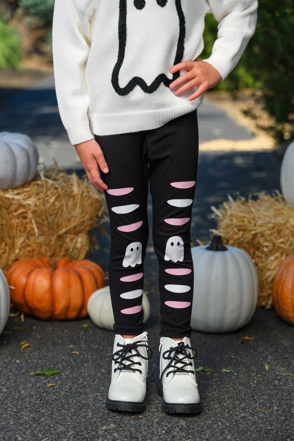 Ghost Pant Set - Boy Or Girl - GIRL-6-12 Months-FAMILY - Black leggings with white ghost and pink patch designs paired with a cream sweater featuring a black ghost outline.