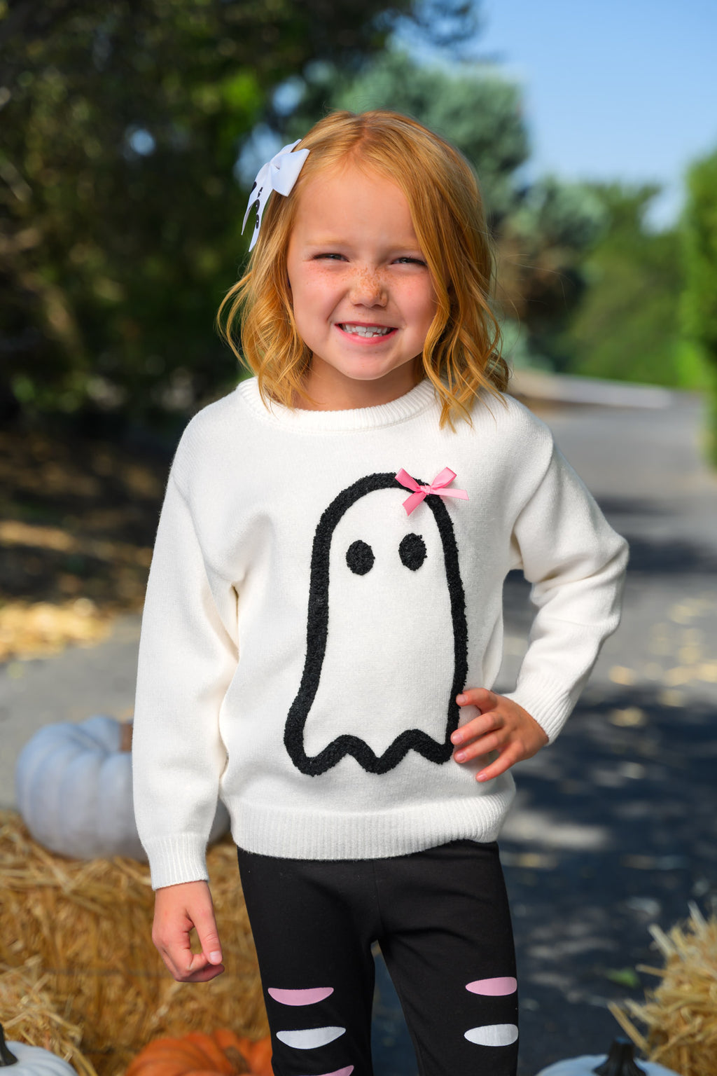Ghost Pant Set - Boy Or Girl - GIRL-6-12 Months-FAMILY - Cream long-sleeve sweater with black ghost graphic paired with black leggings featuring white and pink cutout details.
