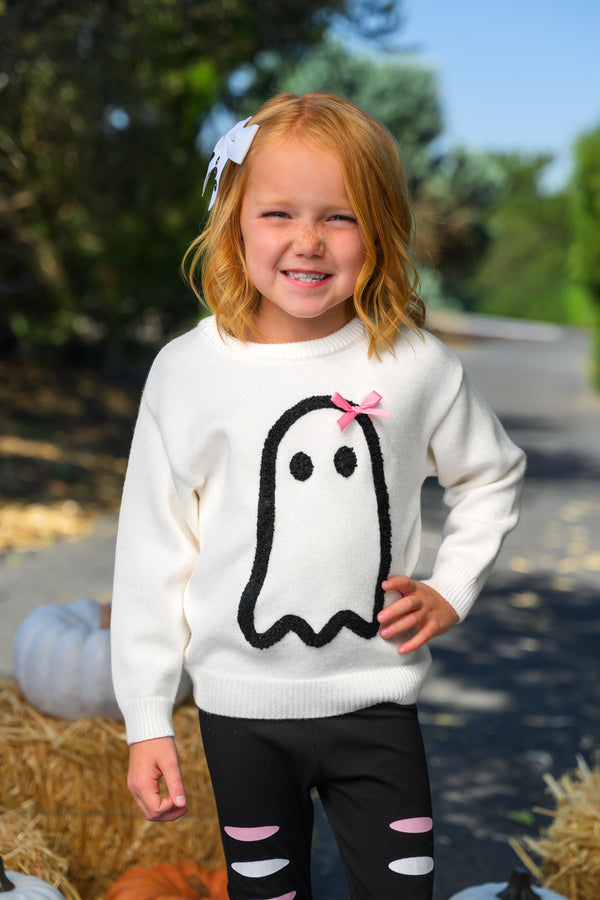 Ghost Pant Set - Boy Or Girl - GIRL-6-12 Months-FAMILY - Cream long-sleeve sweater with black ghost graphic paired with black leggings featuring white and pink cutout details.