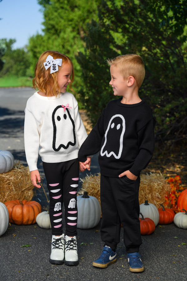 Ghost Pant Set - Boy Or Girl - GIRL-6-12 Months-FAMILY - Children’s black long-sleeve shirt and pants with white ghost graphic, paired with cream long-sleeve shirt and black.