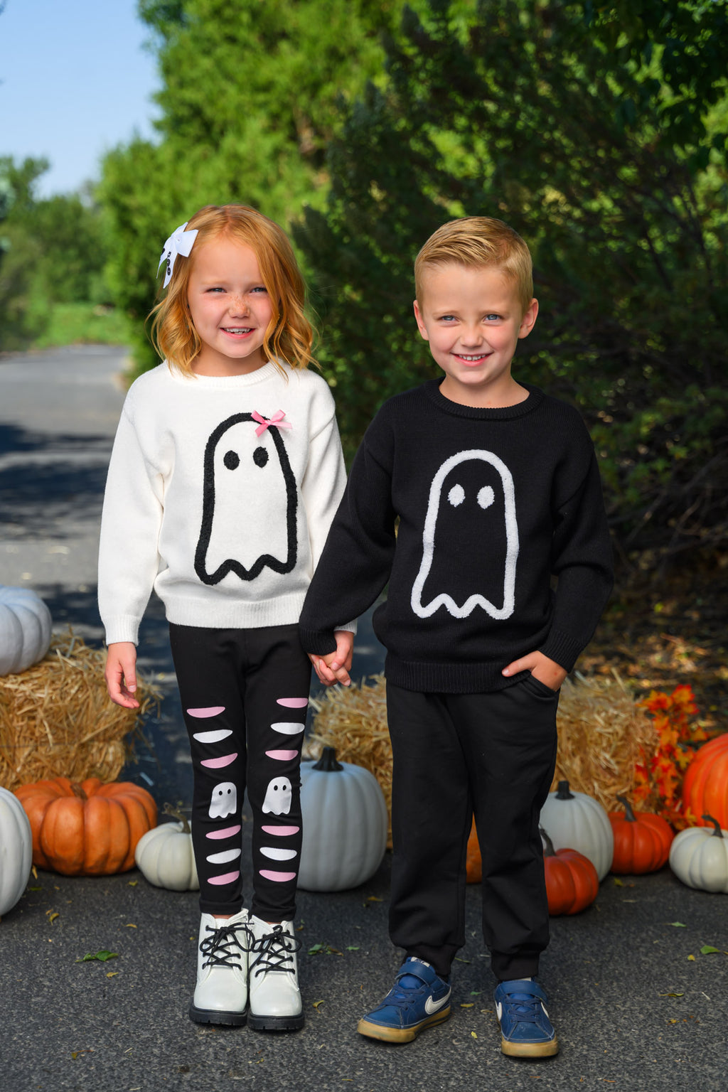 Ghost Pant Set - Boy Or Girl - GIRL-6-12 Months-FAMILY - Kids' long-sleeve ghost sweatshirts in cream and black, paired with black pants and skeleton leggings.