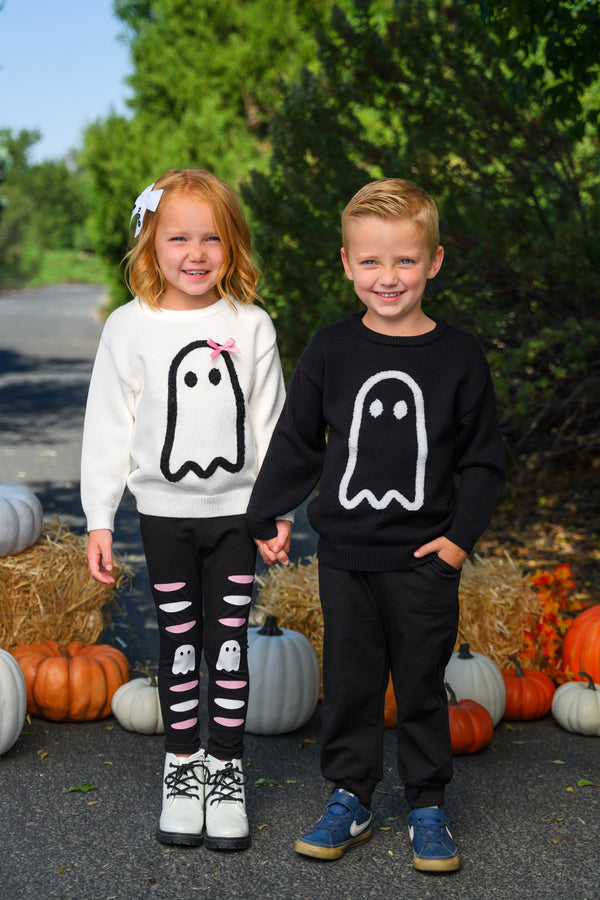 Ghost Pant Set - Boy Or Girl - GIRL-6-12 Months-FAMILY - Kids' long-sleeve ghost sweatshirts in cream and black, paired with black pants and skeleton leggings.