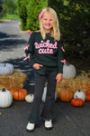 "Wicked Cute" Denim Flare Set - 6-12 Months - Black long-sleeve top with pink "wicked cute" lettering and bow details on sleeves, paired with black denim flare jeans and.