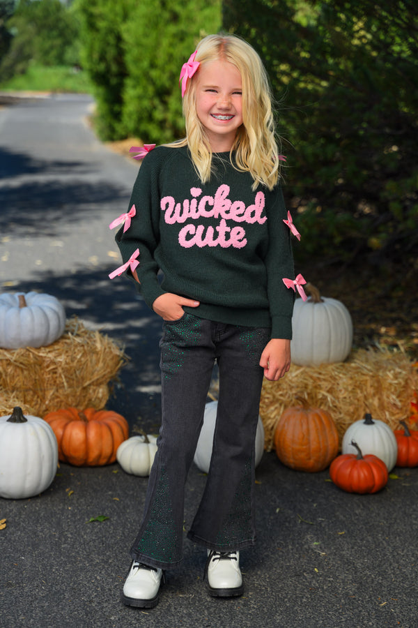 "Wicked Cute" Denim Flare Set - 6-12 Months - Black long-sleeve top with pink "wicked cute" lettering and bow details on sleeves, paired with black denim flare jeans and.