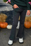 "Wicked Cute" Denim Flare Set - 6-12 Months - Black denim flare pants with subtle green stitching, fitted waist, and front pockets.