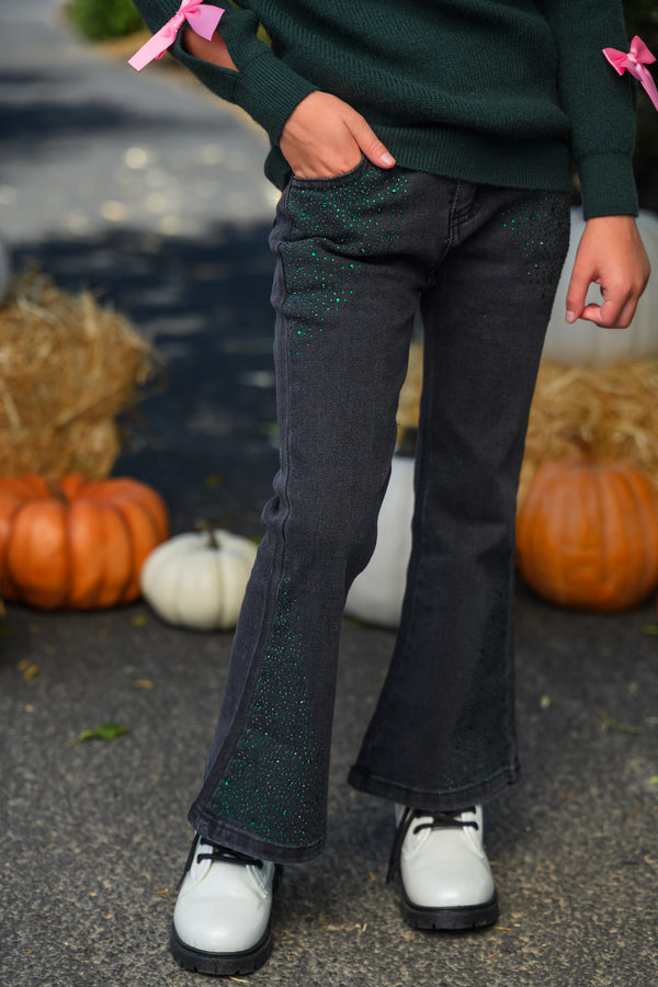 "Wicked Cute" Denim Flare Set - 6-12 Months - Black denim flare pants with subtle green stitching, fitted waist, and front pockets.
