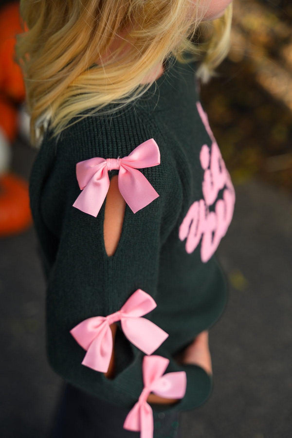 "Wicked Cute" Denim Flare Set - 6-12 Months - Black knit top with pink bows on sleeve cutouts and large pink heart detail on front.