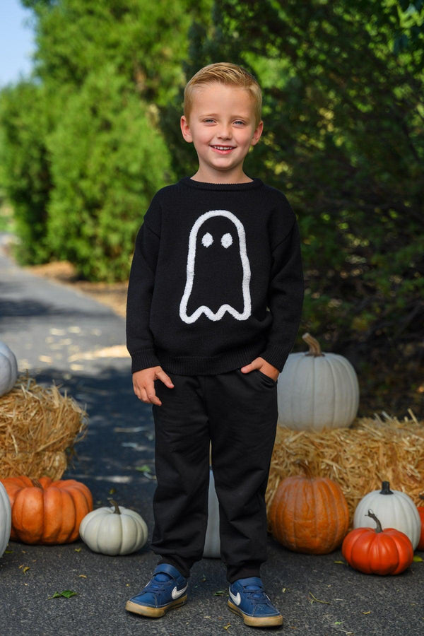 Ghost Pant Set - Boy Or Girl - GIRL-6-12 Months-FAMILY - Black long-sleeve sweatshirt and matching pants set with a white ghost graphic on the front.