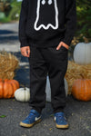 Ghost Pant Set - Boy Or Girl - GIRL-6-12 Months-FAMILY - Black pants with elastic cuffs paired with a black sweater featuring a white ghost graphic on the front.