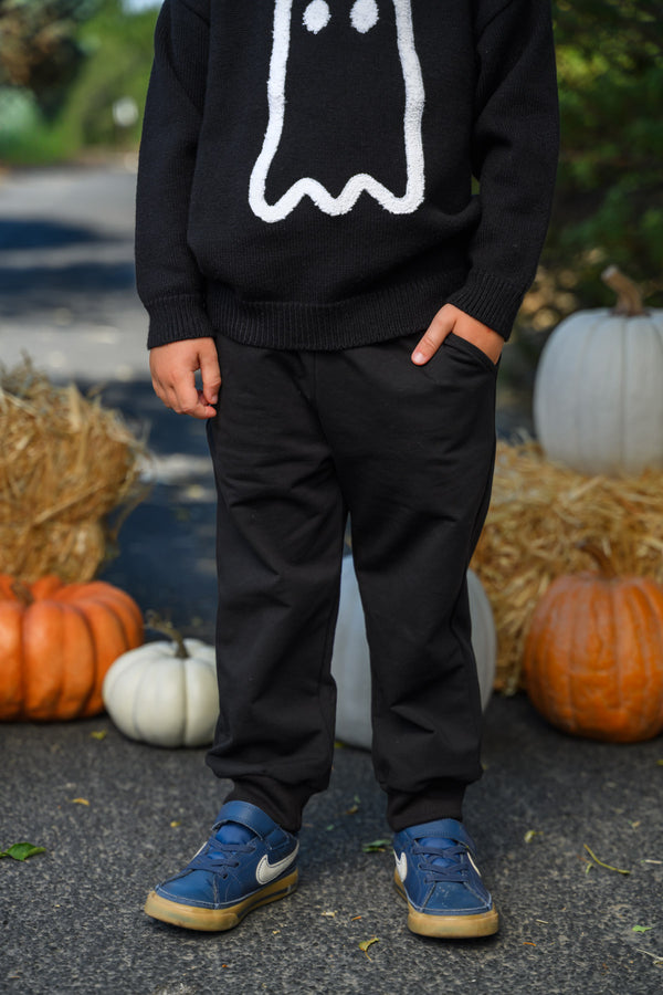 Ghost Pant Set - Boy Or Girl - GIRL-6-12 Months-FAMILY - Black pants with elastic cuffs paired with a black sweater featuring a white ghost graphic on the front.