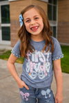 "Pre-K - Sixth Grade" Plaid Bow Denim Short Set - PRE-K / 2T - Blue short-sleeve tee with plaid bow print sleeves and "Just a Girl" text paired with blue denim shorts with bow accents.