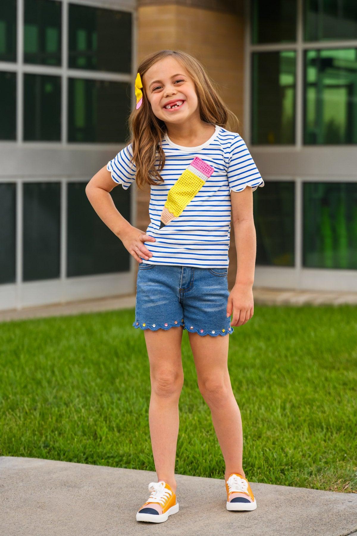 Rhinestone Pencil Denim Short Set - 3T - Blue denim shorts with rhinestones along the hem, paired with a white and blue striped t-shirt featuring a large yellow and.