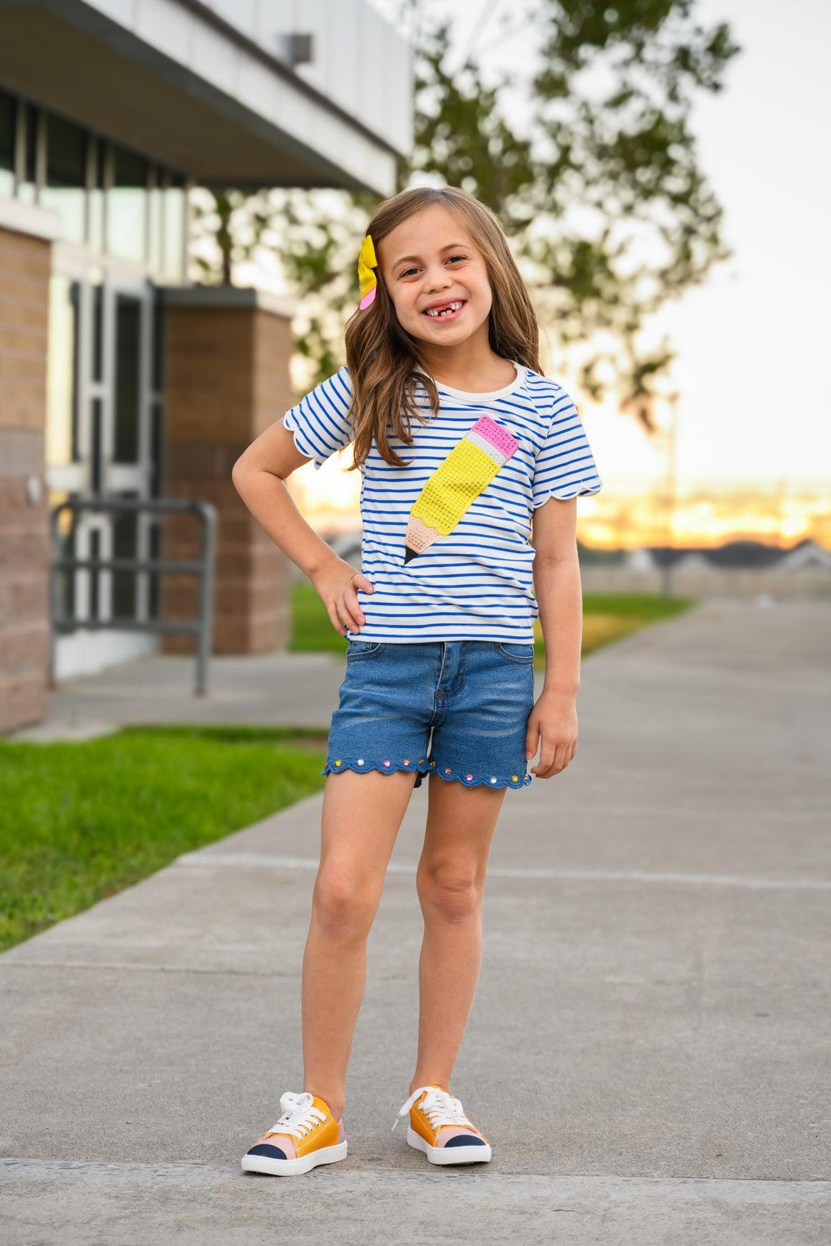 Rhinestone Pencil Denim Short Set - 3T - Blue denim shorts with rhinestone accents paired with a blue and white striped t-shirt featuring a colorful ice cream.