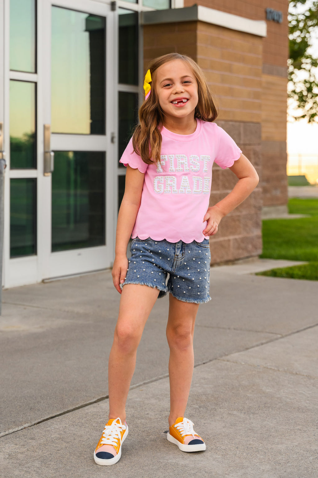 "Pre-K - Sixth Grade" Pink Pearl Denim Short Set - PRE-K / 2T - Girls' pink short-sleeve top with white text and scalloped hem paired with blue denim shorts featuring rolled cuffs.