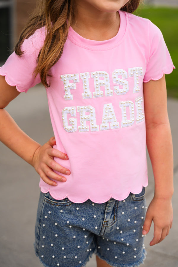 "Pre-K - Sixth Grade" Pink Pearl Denim Short Set - PRE-K / 2T - Pink short-sleeve shirt with scalloped edges and white "FIRST GRADE" text paired with blue denim shorts featuring white.