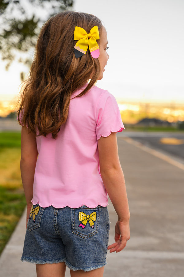 "Pre-K - Sixth Grade" Pink Pearl Denim Short Set - PRE-K / 2T - Girls' denim shorts with embroidered yellow and pink butterfly, paired with pink scalloped sleeve shirt and yellow bow hair.