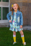 "Preschool - Sixth Grade" Denim Jacket - PRESCHOOL / 3T - Light blue denim jacket with button front and chest pockets worn over a colorful unicorn dress.