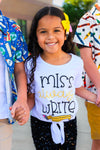 "Miss Always Write" Sequin Bell Bottom Set - 2T - White long-sleeve shirt with "Miss Always Write" black and yellow text, front knot detail, worn by smiling girl with yellow.