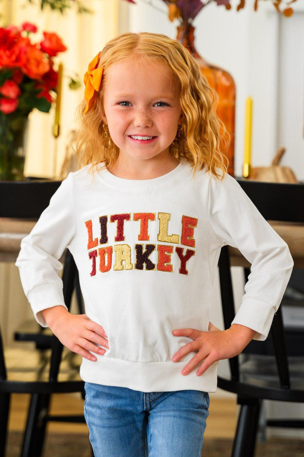 Mom & Kid - "Thankful For My Turkeys & Little Turkey" Top - GIRL-6-12 Months-FAMILY - Cream long-sleeve kids’ top with bold orange and brown “Little Turkey” lettering and a small turkey graphic.