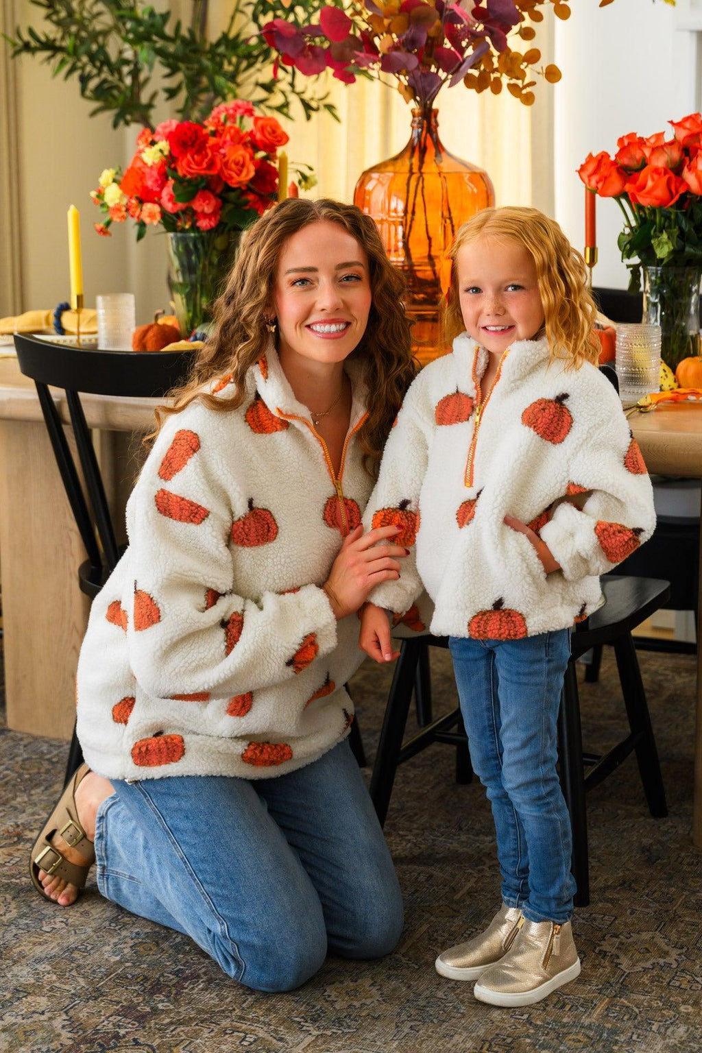 Mom & Me - Pumpkin Sherpa Pullover - CHILD-6-12 Months - Cream sherpa pullovers with orange pumpkin and green leaf patterns worn by a woman and child.
