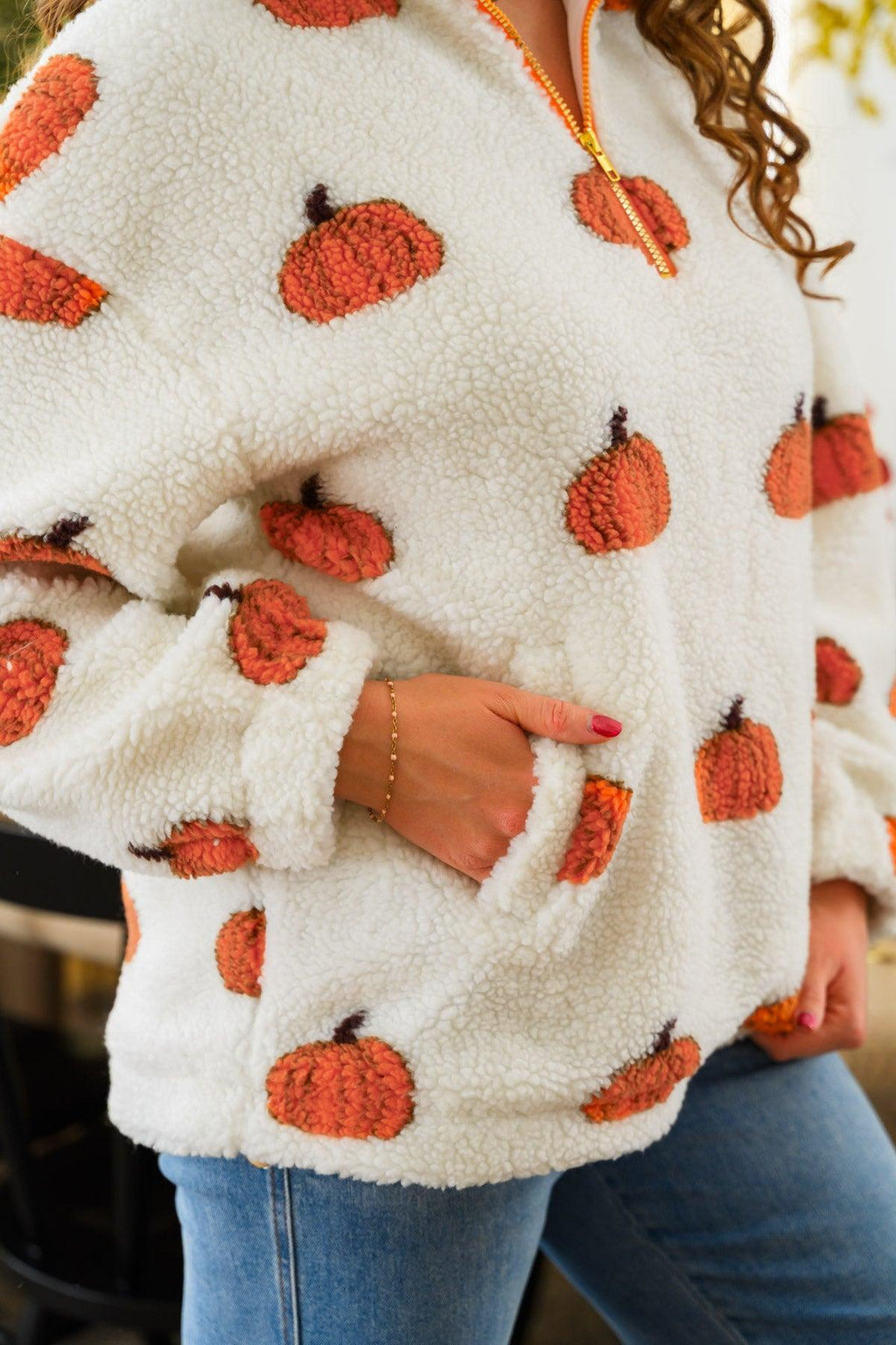 Mom & Me - Pumpkin Sherpa Pullover - CHILD-6-12 Months - Cream sherpa pullover with orange pumpkin print, plush texture, and a high collar.