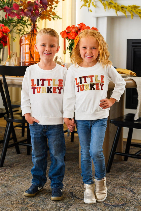 Mom & Kid - "Thankful For My Turkeys & Little Turkey" Top - GIRL-6-12 Months-FAMILY - Two children wearing cream long-sleeve tops with red “Little Turkey” lettering and blue jeans.