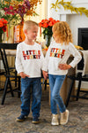Mom & Kid - "Thankful For My Turkeys & Little Turkey" Top - GIRL-6-12 Months-FAMILY - Two children wearing cream long-sleeve tops with red-and-black “Little Turkey” lettering and blue jeans.