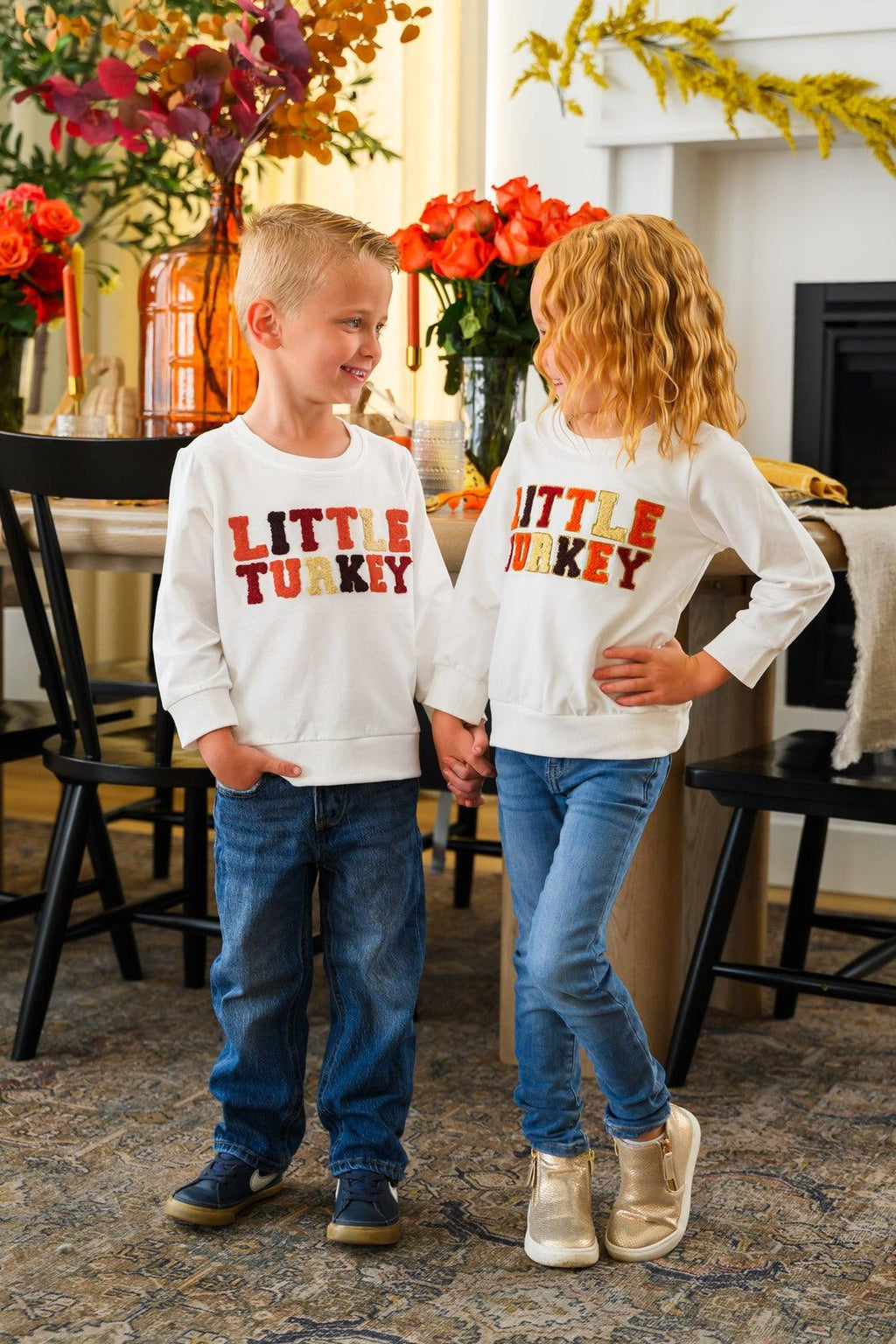 Mom & Kid - "Thankful For My Turkeys & Little Turkey" Top - GIRL-6-12 Months-FAMILY - Two children wearing cream long-sleeve tops with red-and-black “Little Turkey” lettering and blue jeans.