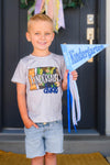 "Preschool - 5th Grade Dude" Camo Pencil Top - PRESCHOOL / 2T - Gray short-sleeve cotton t-shirt with colorful "Kindergarten dude" text and green camo pattern on the front.