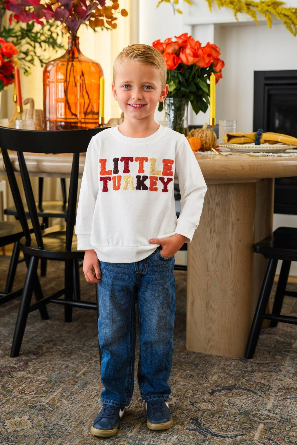 Mom & Kid - "Thankful For My Turkeys & Little Turkey" Top - GIRL-6-12 Months-FAMILY - Child wearing a cream long-sleeve top with bold red and black “Little Turkey” lettering and blue jeans.