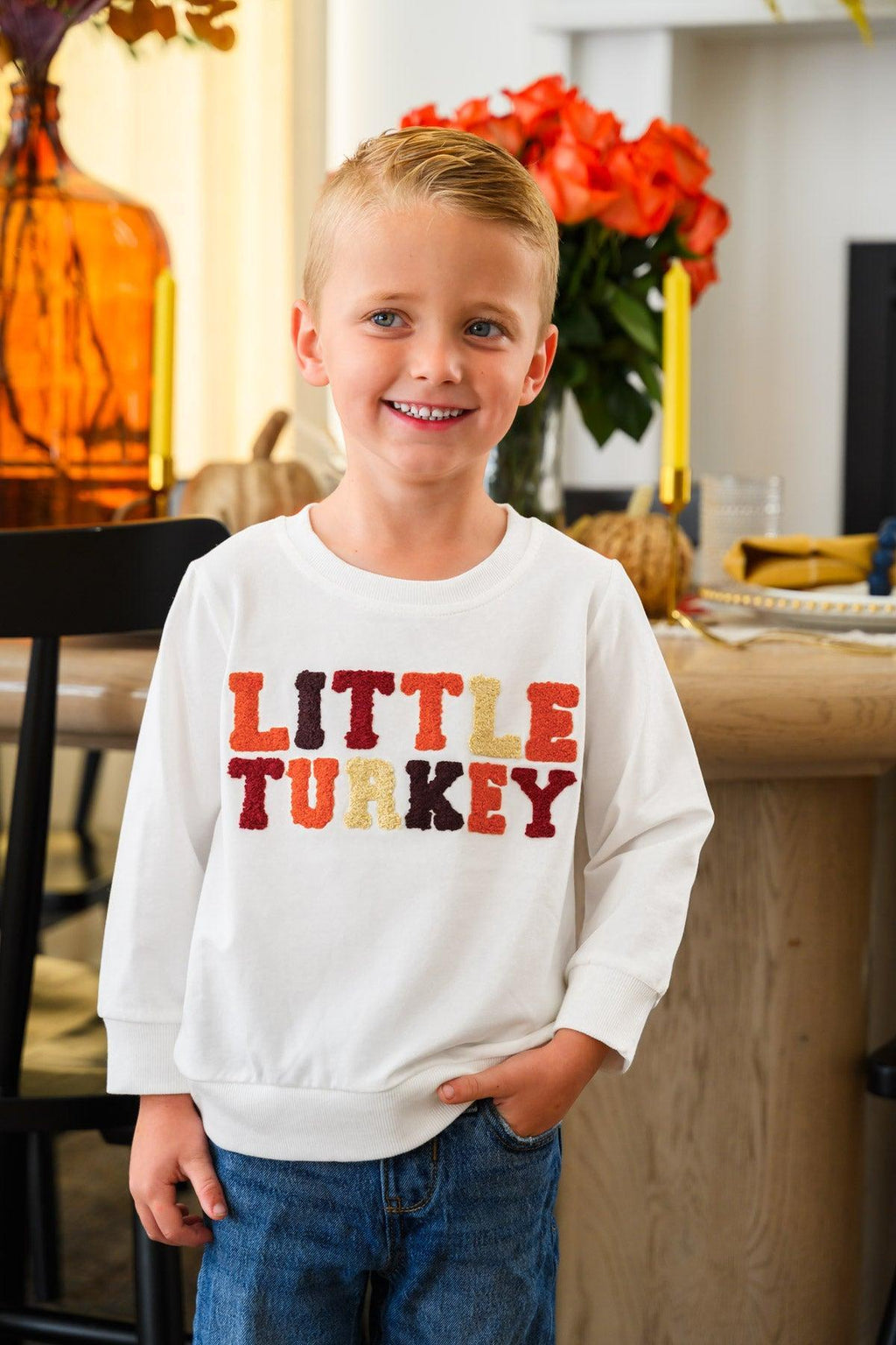 Mom & Kid - "Thankful For My Turkeys & Little Turkey" Top - GIRL-6-12 Months-FAMILY - Child wearing a white long-sleeve shirt with bold red “Little Turkey” lettering and a small turkey graphic.