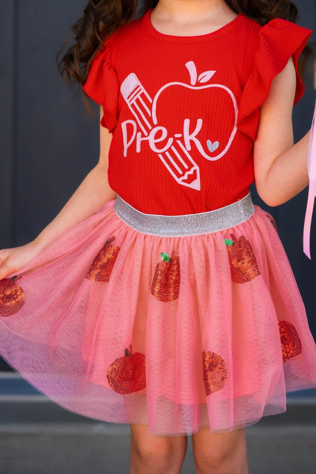 "Pre-K - 4th Grade" Pink Apple Tutu Skirt Set - PRE-K / 2T - Pink tulle tutu skirt with red apple appliques and glittery silver waistband.