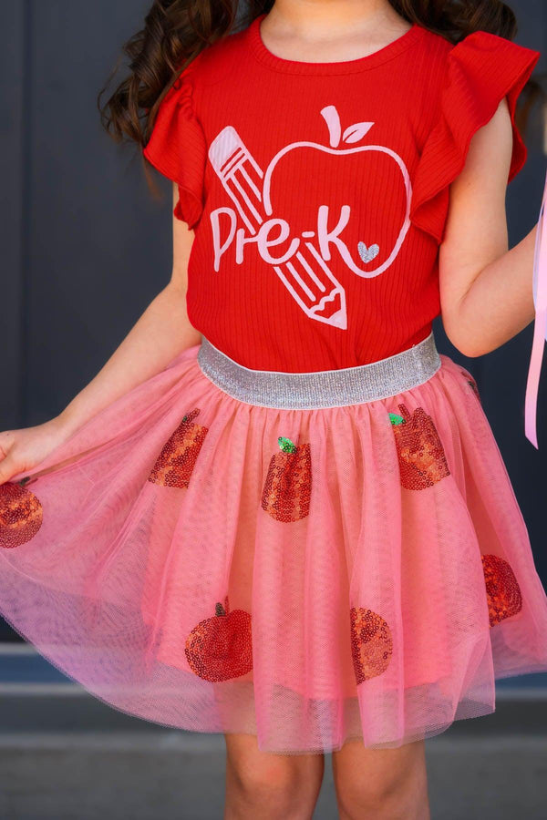 "Pre-K - 4th Grade" Pink Apple Tutu Skirt Set - PRE-K / 2T - Pink tulle tutu skirt with red apple appliques and glittery silver waistband.