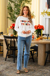 Mom & Kid - "Thankful For My Turkeys & Little Turkey" Top - GIRL-6-12 Months-FAMILY - Woman wearing a cream long-sleeve Thanksgiving top with red and black “Thankful for my turkeys” lettering, blue jeans, and.