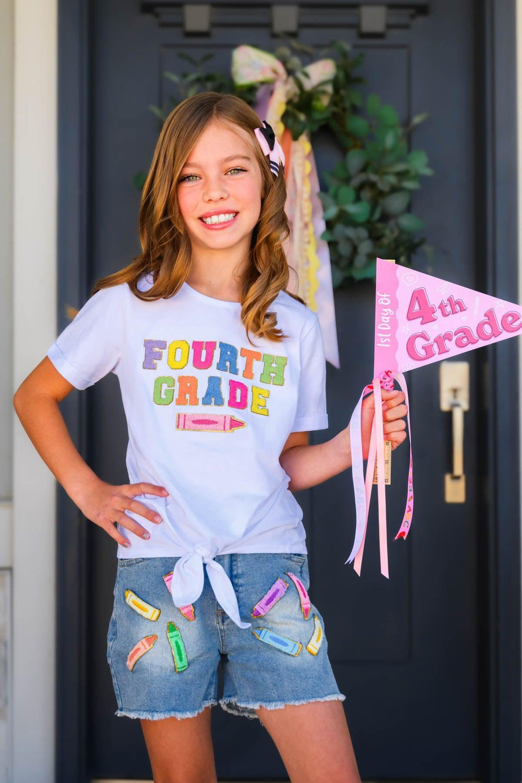 "Pre School - Sixth Grade" Crayon Denim Short Set - PRE-K / 2T - White cotton t-shirt with colorful "Fourth Grade" text paired with denim shorts decorated with crayon appliques.