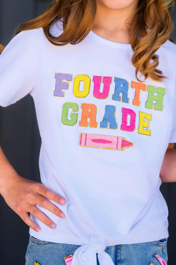 "Pre School - Sixth Grade" Crayon Denim Short Set - PRE-K / 2T - White short-sleeve t-shirt with colorful "Fourth Grade" lettering and pink crayon graphic, tied front hem.