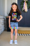 Mom & Me - "Color The World" Top & Short Set - 3T - Black short-sleeve top with colorful "Color The World With Kindness" rainbow text and denim shorts with rainbow paint stroke .
