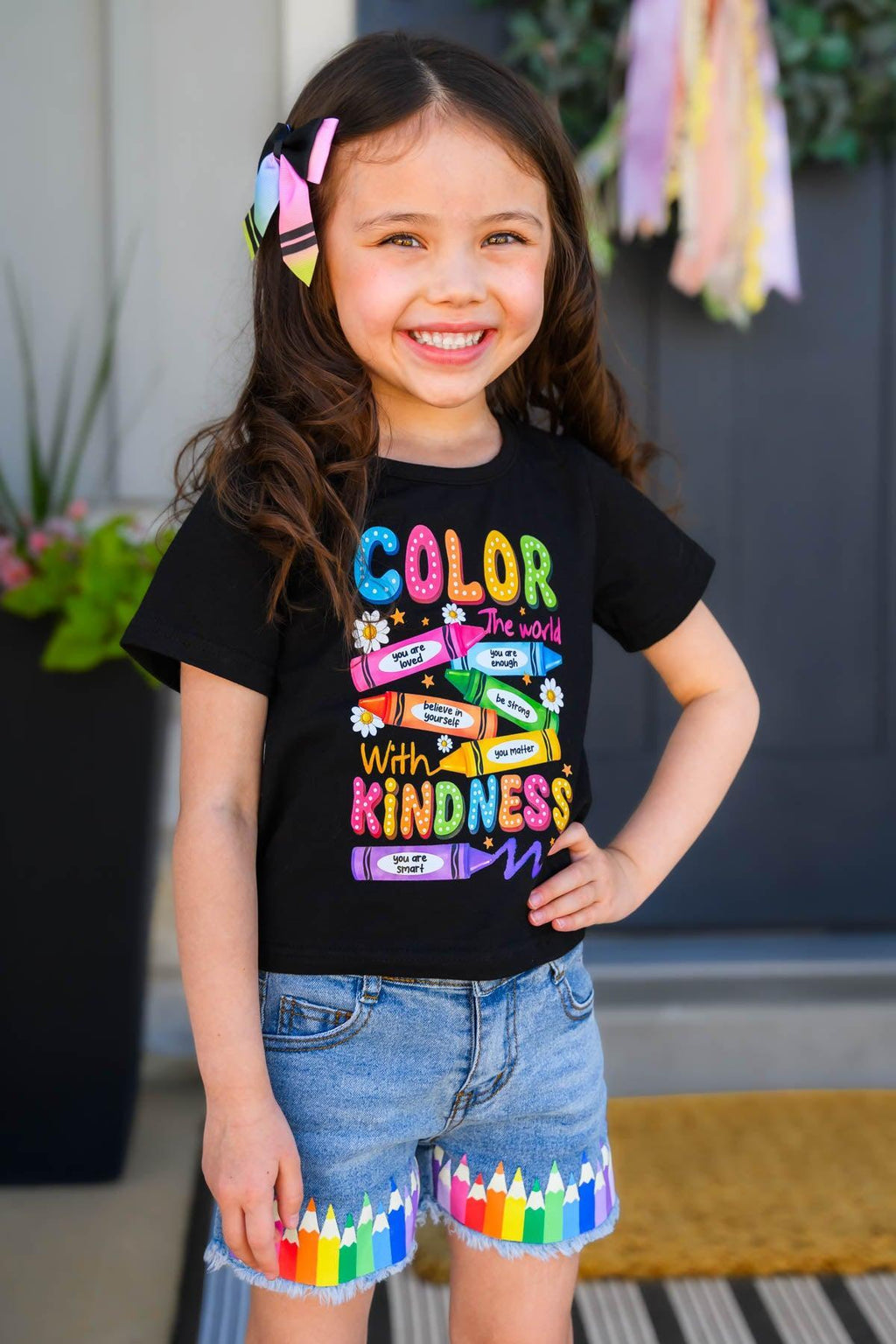 Mom & Me - "Color The World" Top & Short Set - 3T - Black short-sleeve tee with colorful "Color The World with Kindness" rainbow graphic paired with light denim shorts.