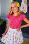 Pink Sequin Pencil Skirt Set - 2T - Pink short-sleeve top with pearl accents and white skirt with colorful pink and orange sequin pencil designs worn by smiling .
