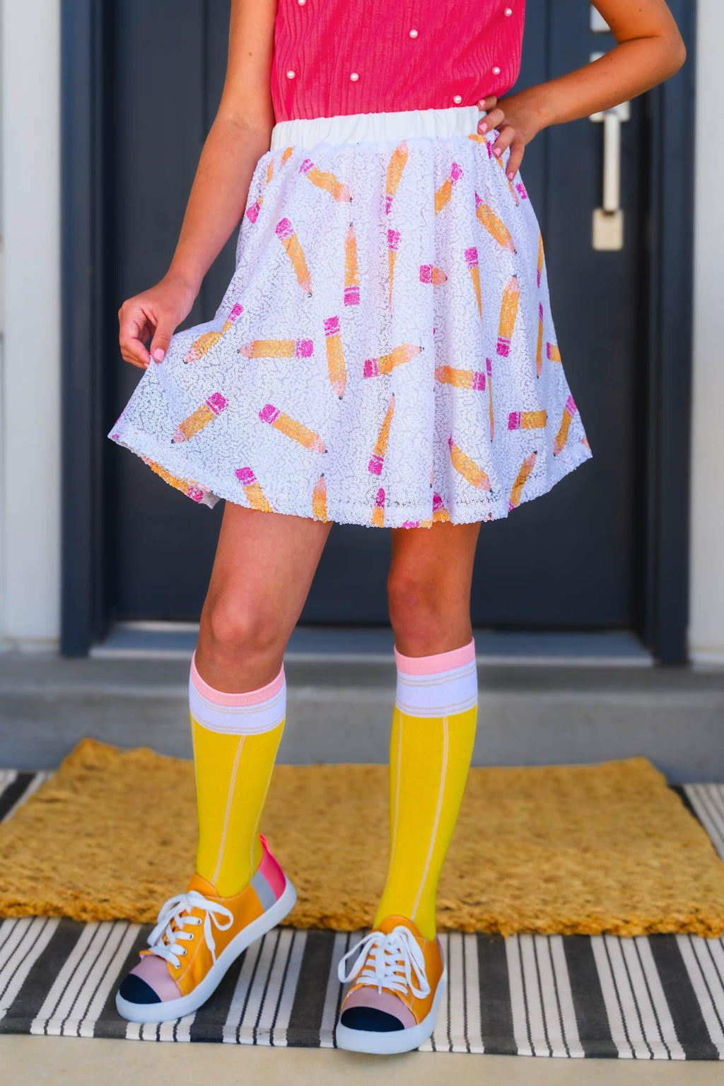 Pink Sequin Pencil Skirt Set - 2T - White skirt with colorful lipstick print, flared style, worn with pink top and yellow knee-high socks.