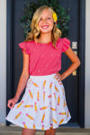 Pink Sequin Pencil Skirt Set - 2T - Pink sequin sleeveless top with ruffled shoulders paired with white skirt featuring colorful pencil print.