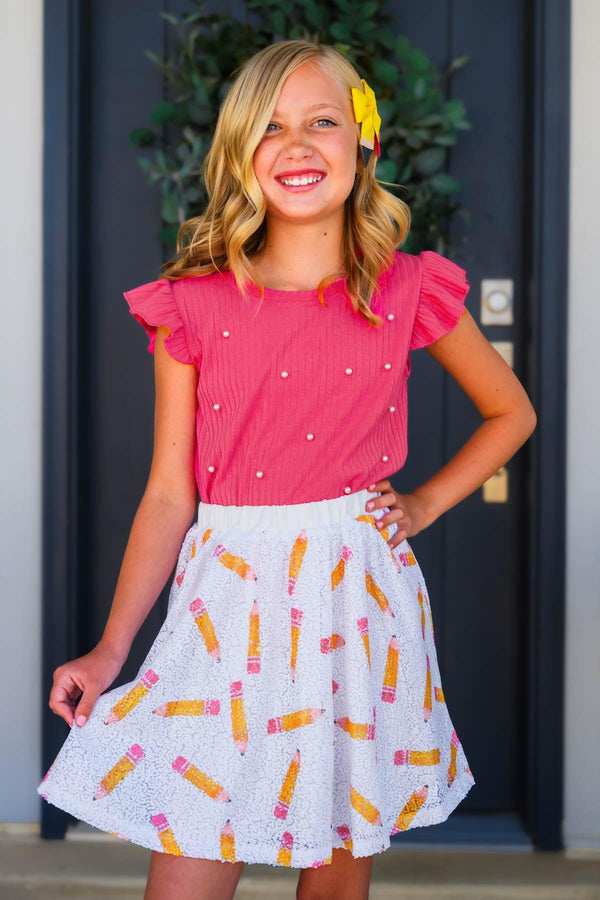 Pink Sequin Pencil Skirt Set - 2T - Pink sequin sleeveless top with ruffled shoulders paired with white skirt featuring colorful pencil print.