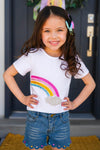 Gemstone Rainbow Denim Short Set - Left Side / 6-12 Months - White short-sleeve tee with sequin rainbow and cloud design paired with scalloped edge blue denim shorts with colorful gems.