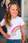 Gemstone Rainbow Denim Short Set - Left Side / 6-12 Months - White short-sleeve t-shirt with colorful gemstone rainbow and silver glitter cloud design.