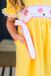 Yellow Pencil & Bows Dress - 3T - Yellow dress with puff sleeves, white lace trim, and pink scalloped detailing on the bodice featuring embroidered bows and.