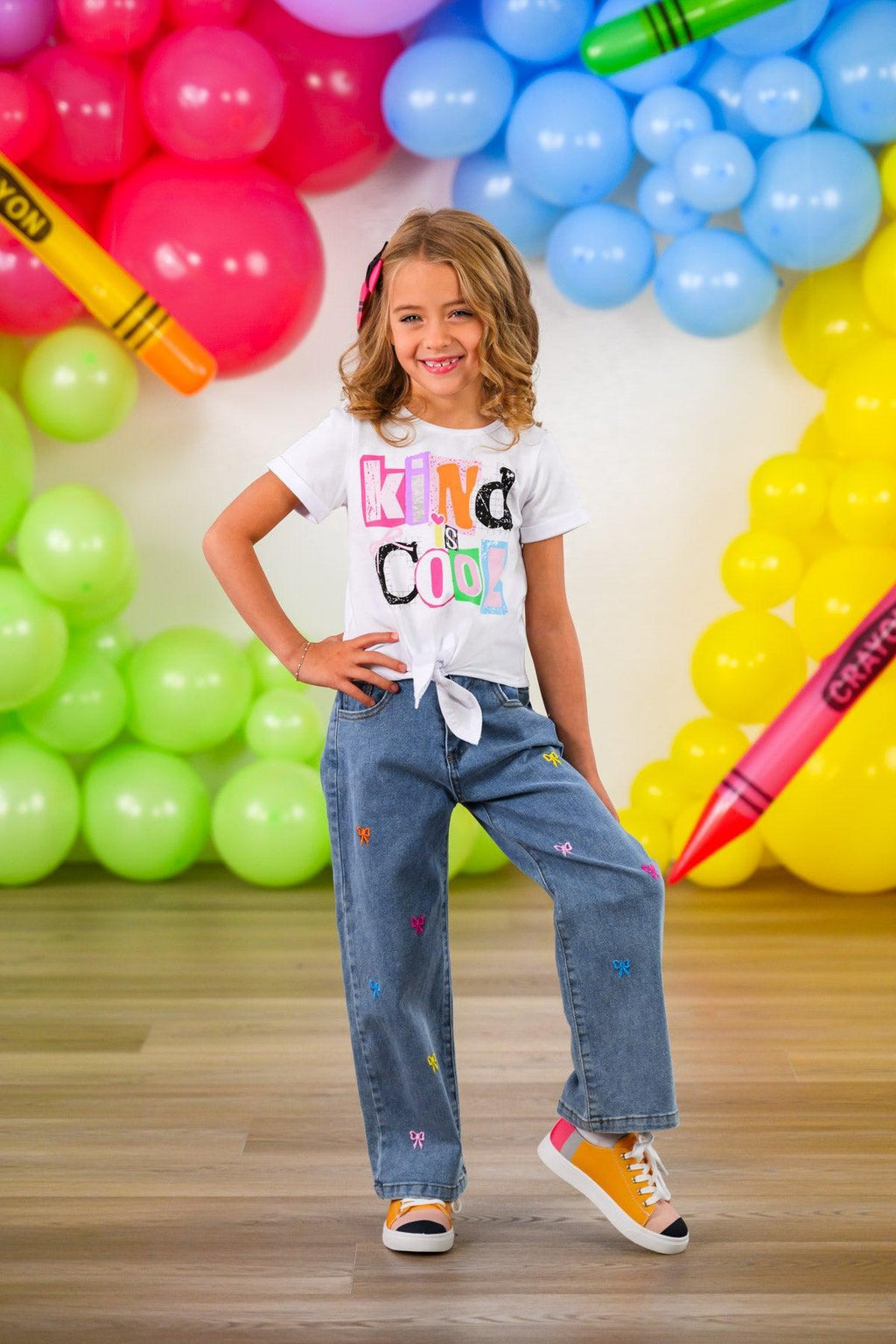 "Kind Is Cool" Denim Pant Set - 3T - White short-sleeve t-shirt with colorful "Kind Is Cool" text paired with blue denim jeans featuring a relaxed fit and subtle