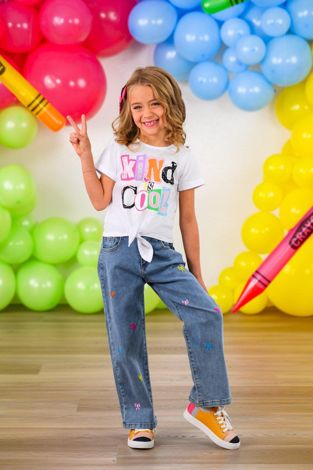 "Kind Is Cool" Denim Pant Set - 3T - White short-sleeve t-shirt with colorful "Kind Is Cool" text paired with light blue denim pants decorated with small star.