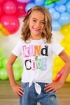 "Kind Is Cool" Denim Pant Set - 3T - White short-sleeve t-shirt with colorful "Kind Is Cool" text and front tie, worn with light blue denim pants.