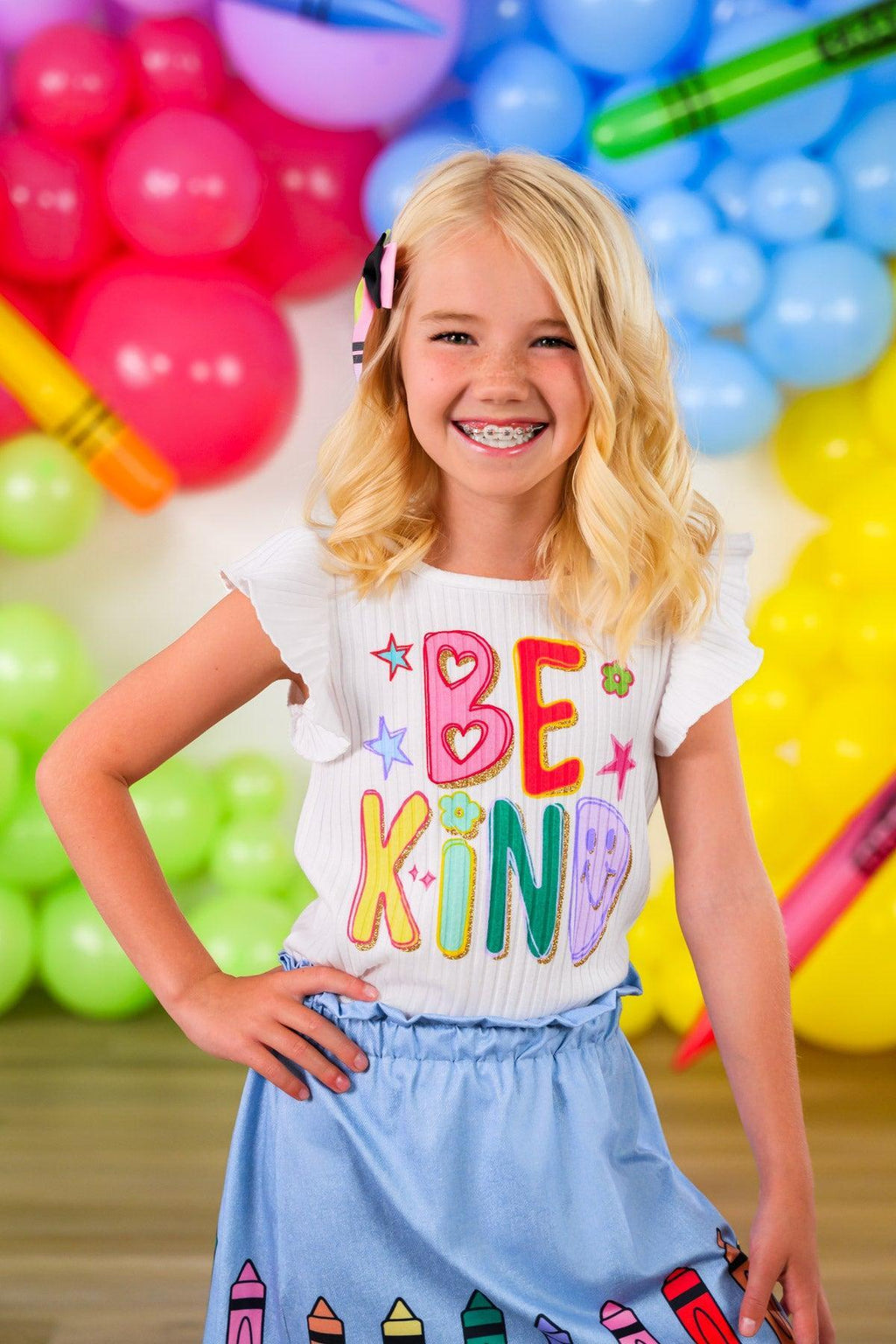 "Be Kind" Crayon Skirt Set - 3T - White short-sleeve top with colorful "BE KIND" lettering paired with light blue skirt featuring crayon appliques.