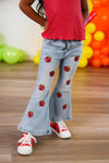 Red Apple Flare Denim Pant Set - 3T - Light blue flare denim pants with red apple patches, worn with red and white sneakers.